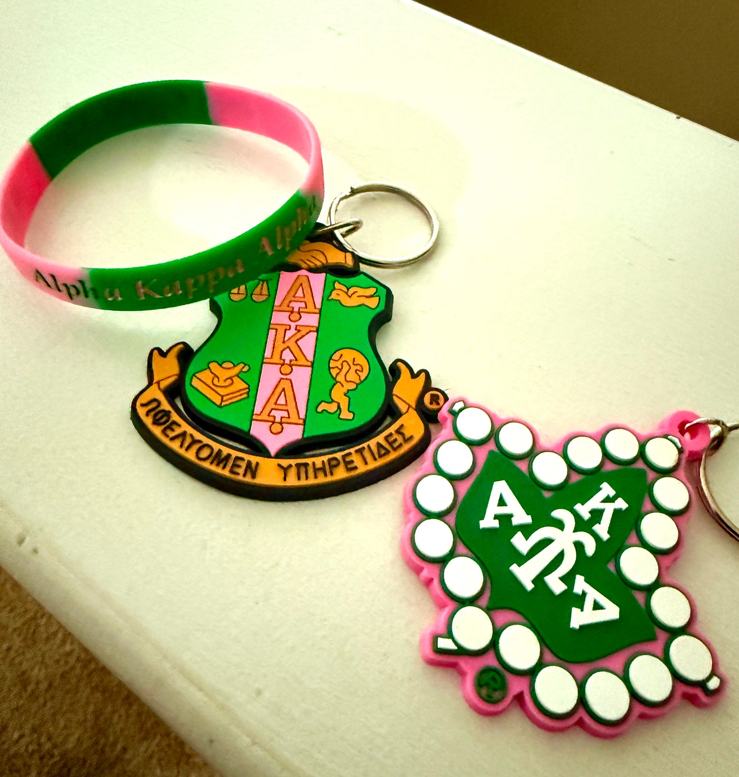 Alpha Kappa Alpha (AKA) Shield Key Chain and Bracelet Bundle v1