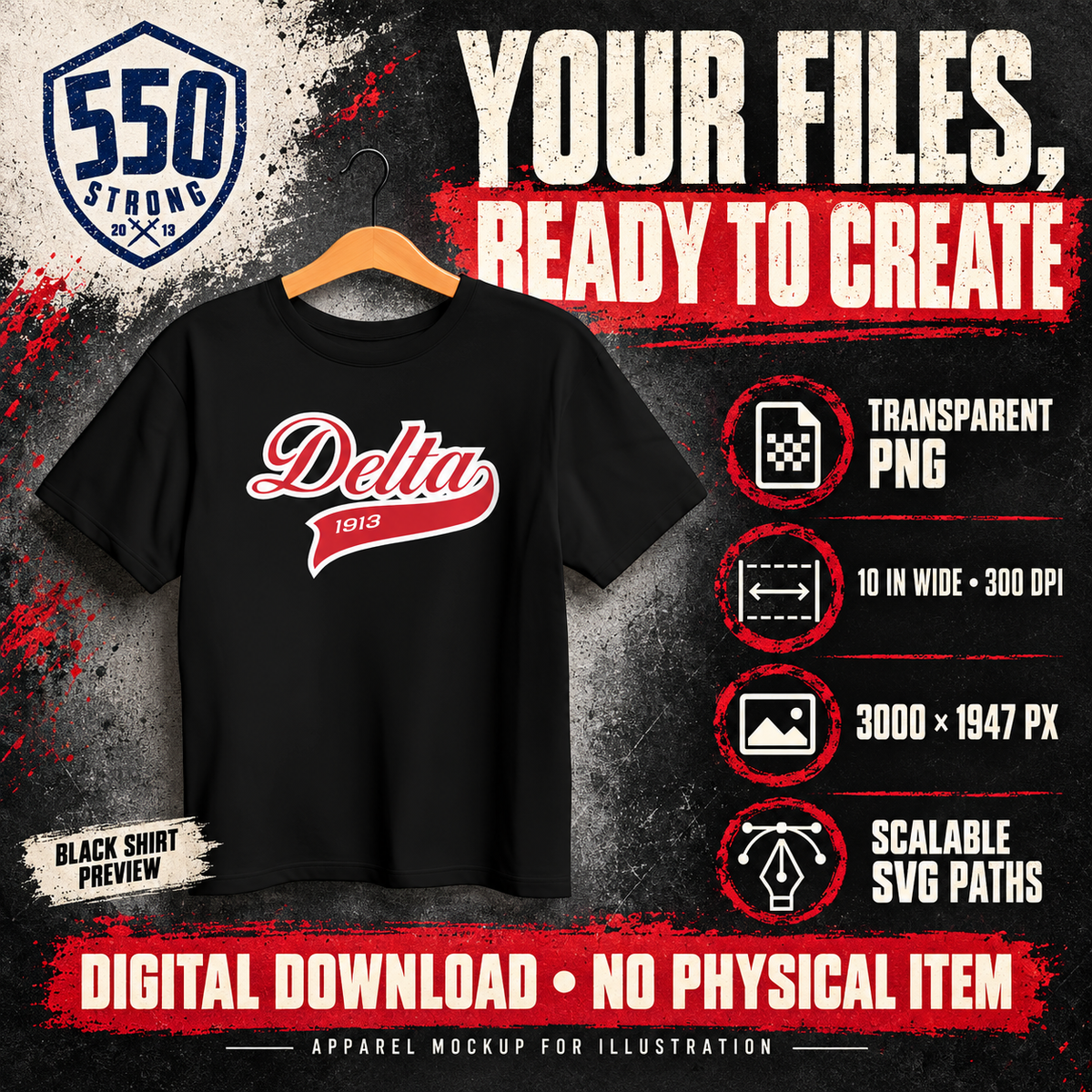 Delta 1913 digital download black shirt mockup infographic; PNG and SVG files only, no physical shirt.