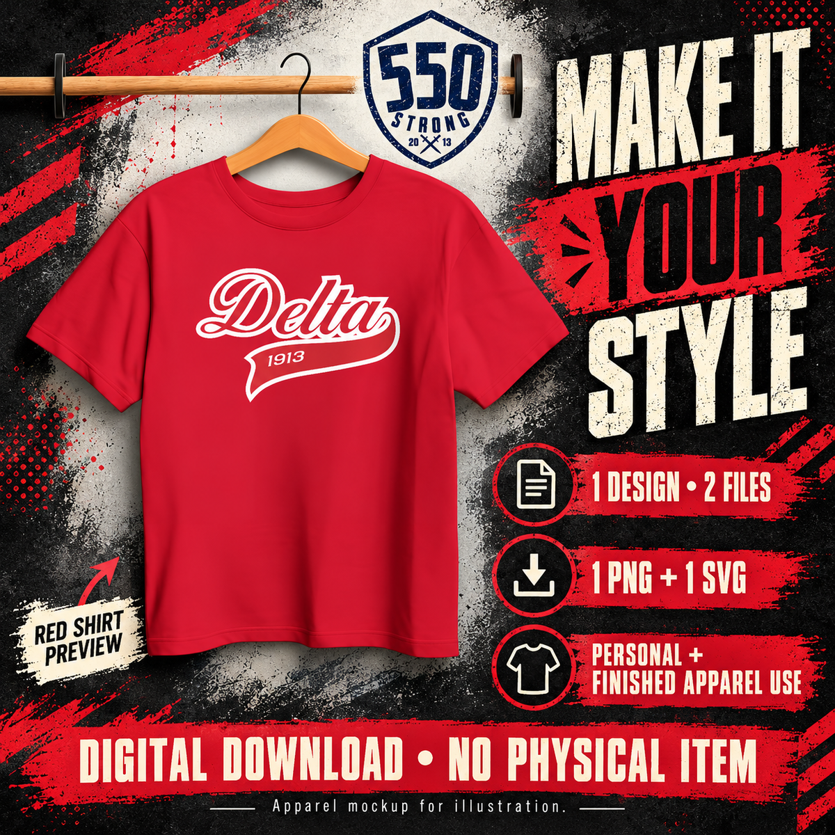 Delta 1913 digital download red shirt mockup infographic; PNG and SVG files only, no physical shirt.